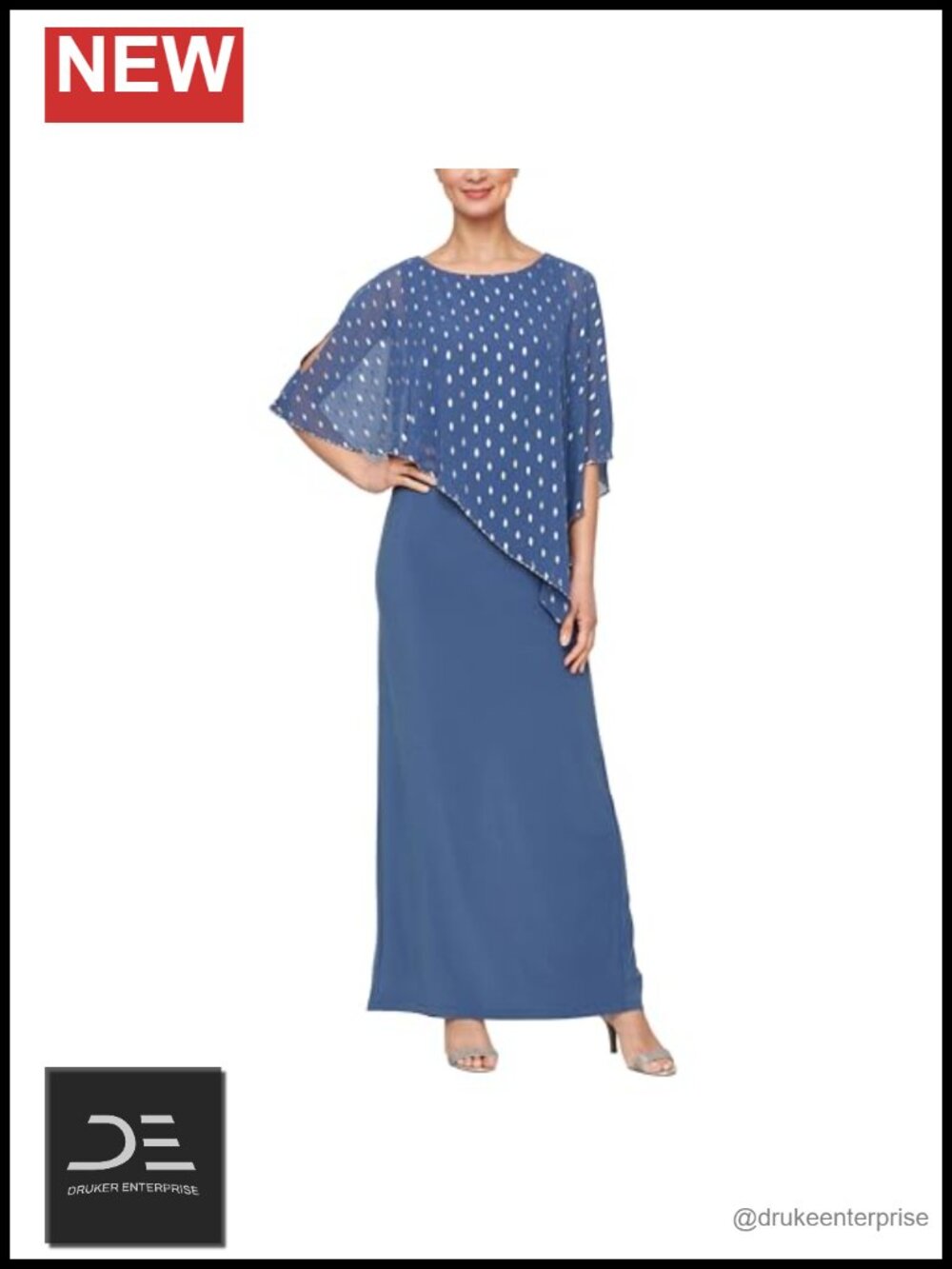 Long Cape Formal Gown with Foil Printed Chiffon and Beaded Trim
